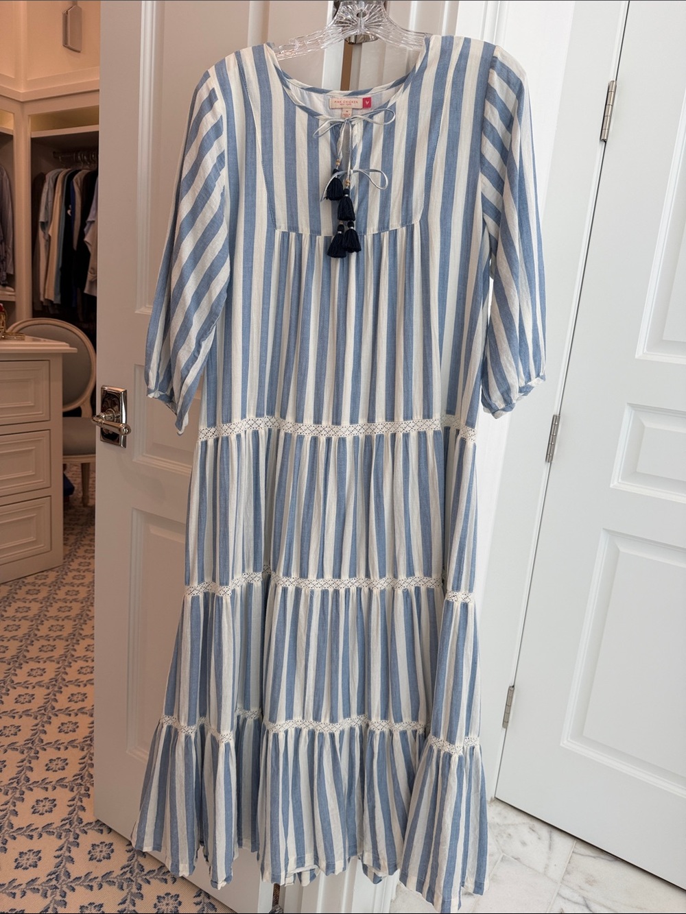 Pink Chicken Blue and White Striped Tiered Midi Dress